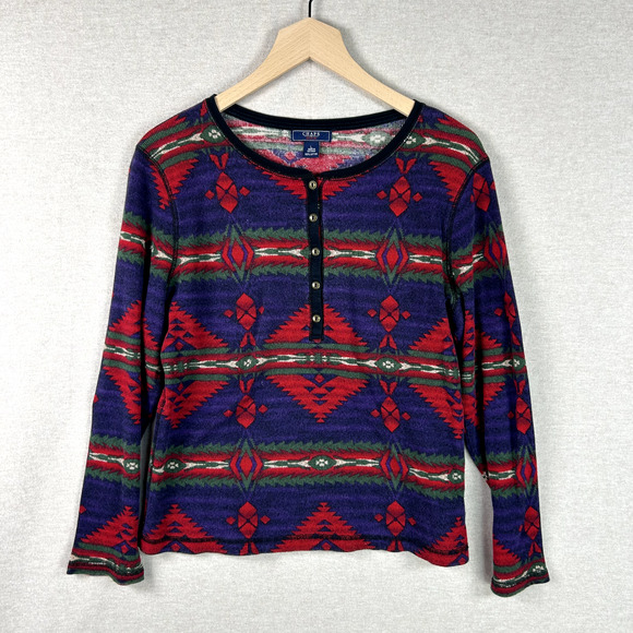 Chaps Tops - Vintage Chaps Ralph Lauren Women Thermal Henley Aztec Print Top Large Tribal Y2K